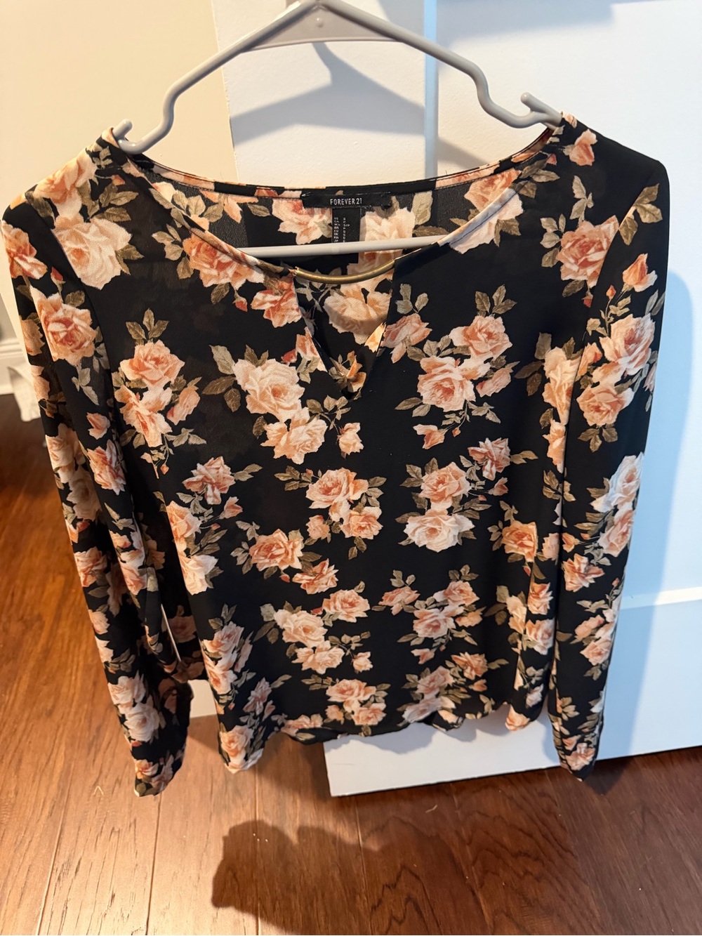 Forever 21 Black Floral Long Sleeve Tee with Peach Roses